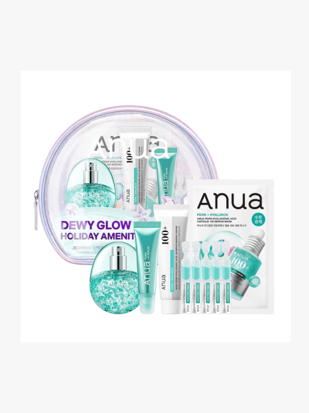 Anua Dewy Glow Holiday Amenity Kit in multiple branded components on a light gray background